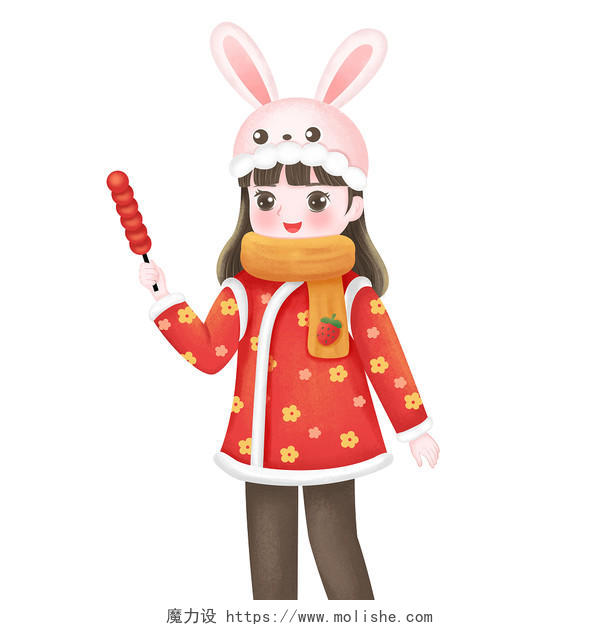 手拿糖葫芦的小女孩元旦新年人物卡通女孩PNG素材